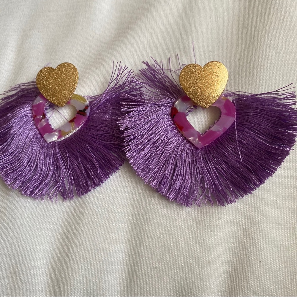 Purple Heart Fringe Earrings Gold Acrylic New